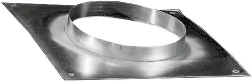 Metallene Anschlussplatte mit rundem Ausschnitt in der Mitte, zur Verbindung von Lüftungsanlagen, Hersteller Wolf. Rechteckige Grundfläche mit Montageschrauben an den Ecken.